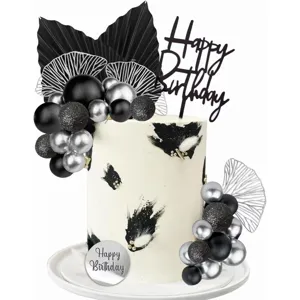Bohemian black silver cake topper set happy birthday party decorations cake balls fans