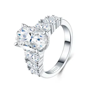 Close-up of luxury S925 sterling silver ring with oval central stone and side accents