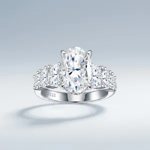 Detailed macro shot of an S925 sterling silver ring with brilliant oval-cut stones.