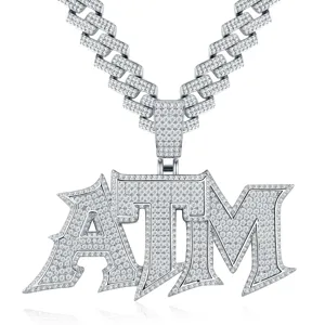 Collana a catena cubana hip hop in argento con ciondolo lettera ATM in moissanite