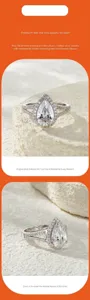 Gros plan haute définition d'une bague en moissanite en forme de poire avec halo en argent S925