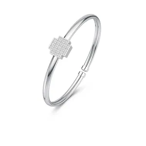 Jonc en Argent Sterling 925 avec Moissanite pour Femme Bracelet Ouvert Géométrique Bijoux de Luxe Avec Certificat GRA