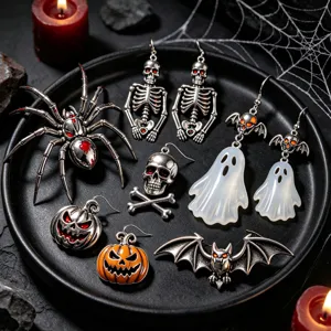 Close-up detail of Halloween jewelry collection with skull ghost spider and pumpkin