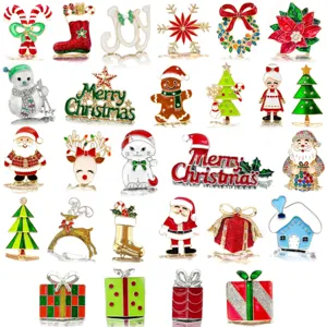 Assorted Christmas enamel brooches featuring Santa Claus, reindeer, and festive trees