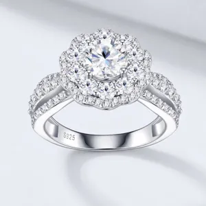 Bague Luxueuse en Moissanite Ronde pour Femme Argent Sterling 925 Halo Incrusté Strass GRA Bague Bijoux Mode Cadeau
