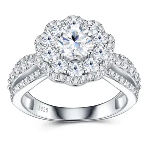 Bague de fiançailles élégante en moissanite ronde avec halo floral et argent 925