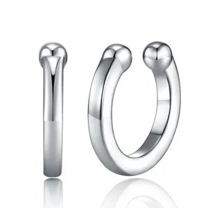 Macro detail view of a polished S925 silver C-shaped ear cuff with sphere ends.