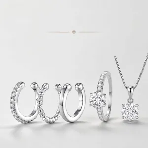 Elegant S925 silver jewelry set featuring moissanite ear cuffs, a ring, and a pendant