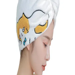 Absorbent microfiber dry hair cap with cute cat embroidery, soft quick-dry shower hat.