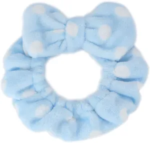 Blue polka dot plush headband with cute bow, soft flannel face washing makeup hair hoop.