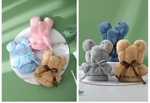 Cute bear folded coral fleece towel wedding gift ribbon square face towel bathroom decor