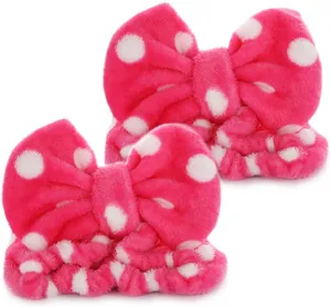 Pink polka dot fleece bow headband detail closeup soft makeup hair hoop
