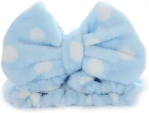 Soft flannel blue polka dot bow hairband detail, plush fluffy texture for comfortable daily use.