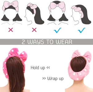 Cute bow flannel headband for face washing and makeup, soft pink polka dot hair accessory.