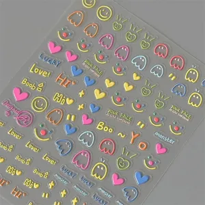 Cute 3D transparent nail stickers colorful cartoon ghosts hearts smiley diary decor details