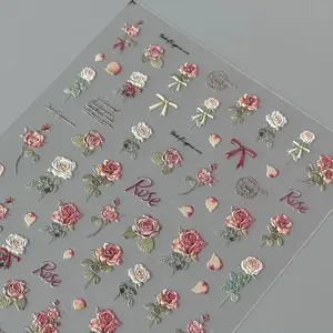 Autocollants d'ongles roses séchées vintage et autocollants décoratifs floraux mats