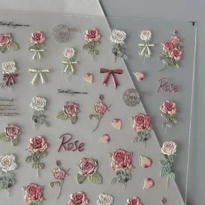 Autocollants d'ongles mats rose rose sechee vintage, decales floraux pour decoration de stylo.