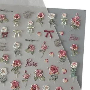 Feuilles d'autocollants roses vintage, stickers nail art esthétiques mats, décalcomANIES florales.