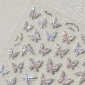 Holographic 3D butterfly nail art stickers, aurora shell design for romantic manicure.