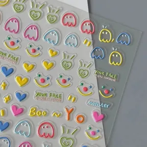 Cute Cartoon Smiley Face 3D Adhesive Nail Art Stickers DIY Ins Style Colorful Ghost Heart Decals For Women Girls