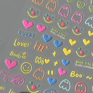 Cute 3D puffy smiley face heart sticker sheet, colorful DIY decorative nail art decals.