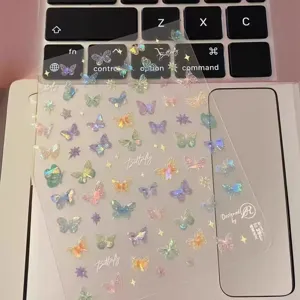 Holographic butterfly nail art stickers, shiny 3D clear stickers for manicure decorations.