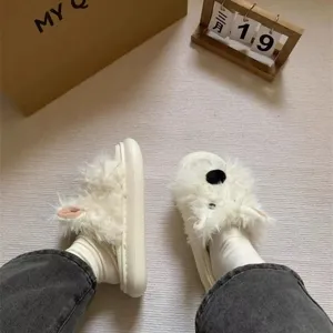 Detailed closeup view of cute fluffy puppy plush slippers worn indoors, soft and cozy style.