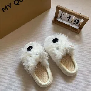 Cute fluffy puppy slippers for couples, cozy linen indoor home shoes for autumn.