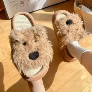 Detailed view of cute puppy plush linen slippers, cozy indoor house shoes for women daily.