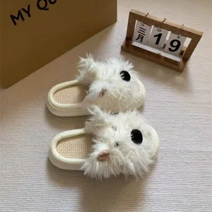Fluffy white puppy dog slippers for couples, cute plush indoor linen home shoes.
