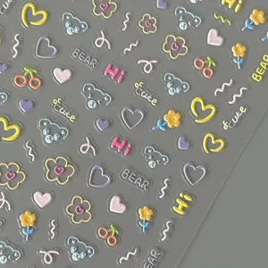 Korean style cute bear nail stickers, 3D textured adhesive decals for students and art design.