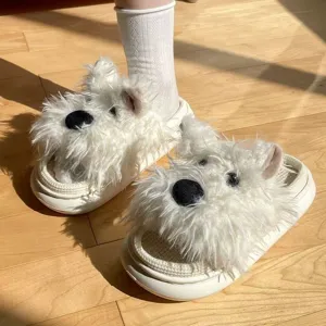 Fluffy cute puppy plush slippers for women, soft warm indoor home cotton shoes with thick sole.