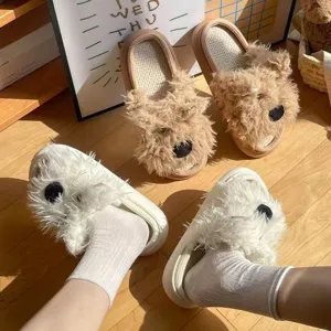 Cute fluffy puppy design detail showing cozy faux fur and soft linen slippers for indoor home.