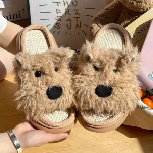 Cute fuzzy puppy linen slippers for couple indoor home wear spring autumn comfortable shoes