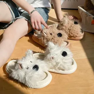 Cute fluffy puppy slippers for women, warm winter indoor plush shoes with comfy linen sole anti slip