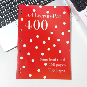A4 dotted notebook detail view featuring vibrant red cover and clear ruled page text.