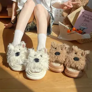 Fluffy warm linen slippers cute puppy design indoor cotton slippers for women cozy home wear