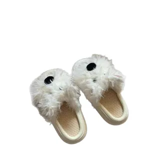 Cute fuzzy puppy linen slippers for women and men, fluffy dog house indoor shoes for cozy home.