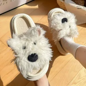 Fluffy puppy slippers detail, cute plush dog design with soft warm material for cozy home wear.