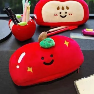 Cute apple plush pencil case large capacity sweet stationery storage bag for students desk.