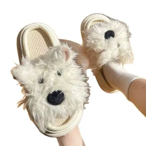 Fluffy cute puppy slippers women indoor warm linen house shoes winter anti-slip soft plush slides