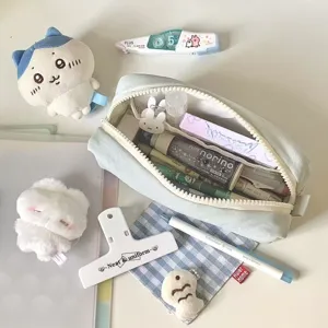 Detailed view of the cute blue chunky pencil case with multi-layer storage and smooth zipper.