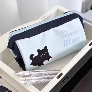 Detail view of the light blue pencil pouch showing black cat print and Ice crystal text.