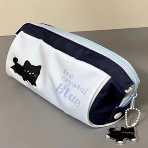 Close-up of a large-capacity light blue pencil case with a cute black cat illustration