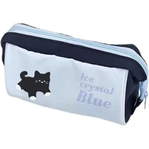 Large capacity pencil case with cute black cat print, Japanese minimalist stationery pouch.