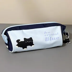 Large capacity blue pencil case with cute black cat pattern and acrylic charm.