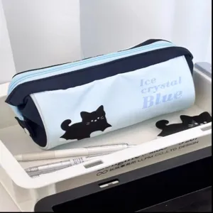 Close-up of cute black cat pattern on large capacity light blue pencil case