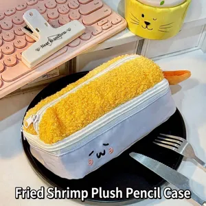 Creative fried shrimp plush pencil case shown on a dinner plate with cute accessories