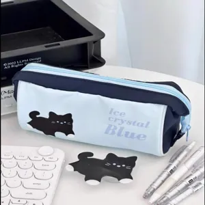 Close-up view of a blue stationery pouch with a cute black cat design and zipper detail.