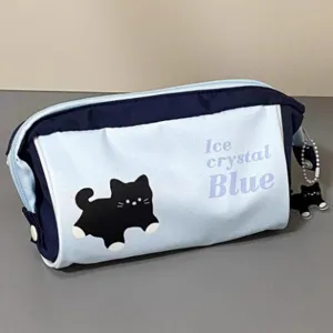 Large capacity cute blue pencil case with black cat print and 'Ice Crystal Blue' text